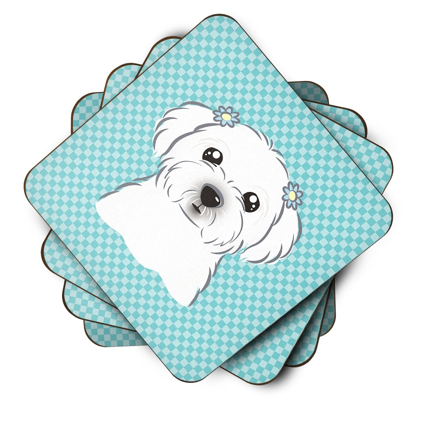 Checkerboard Blue Maltese Foam Coasters Set of 4 Cup Coasters for Indoor Outdoor, Tabletop Protection, Anti Slip, Mouse pad Material