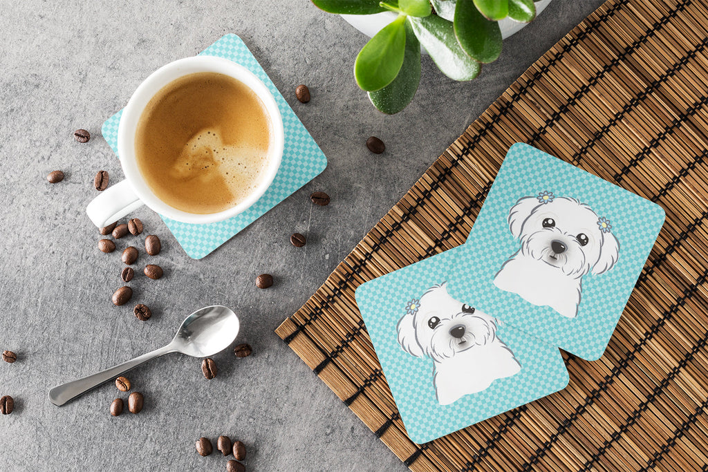 Checkerboard Blue Maltese Foam Coasters Set of 4 Cup Coasters for Indoor Outdoor, Tabletop Protection, Anti Slip, Mouse pad Material
