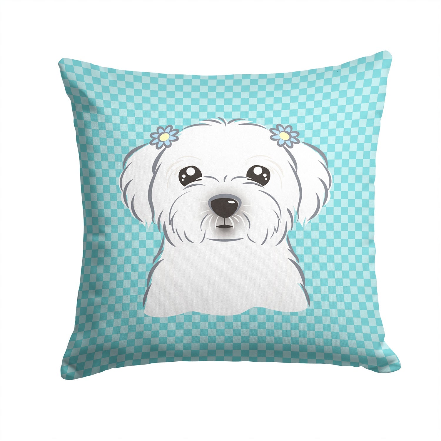 Checkerboard Blue Maltese Decorative Throw Pillow 14x14 Indoor Outdoor Accent Cushion, Fabric Cover with Insert for Sofa, Bed, Porch & Living Room