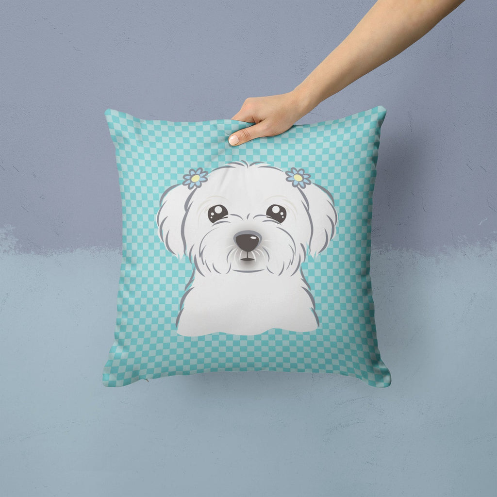 Checkerboard Blue Maltese Decorative Throw Pillow 14x14 Indoor Outdoor Accent Cushion, Fabric Cover with Insert for Sofa, Bed, Porch & Living Room
