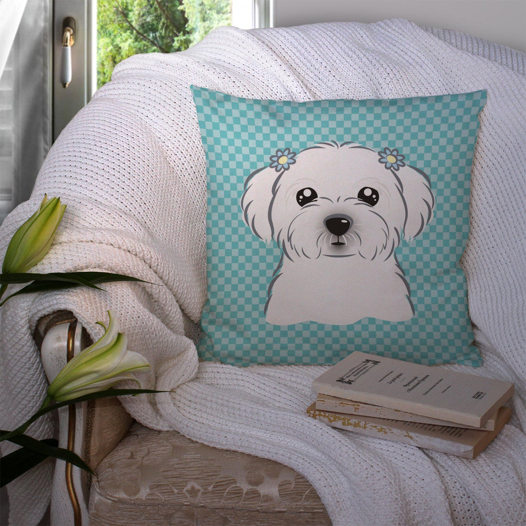 Checkerboard Blue Maltese Decorative Throw Pillow 14x14 Indoor Outdoor Accent Cushion, Fabric Cover with Insert for Sofa, Bed, Porch & Living Room