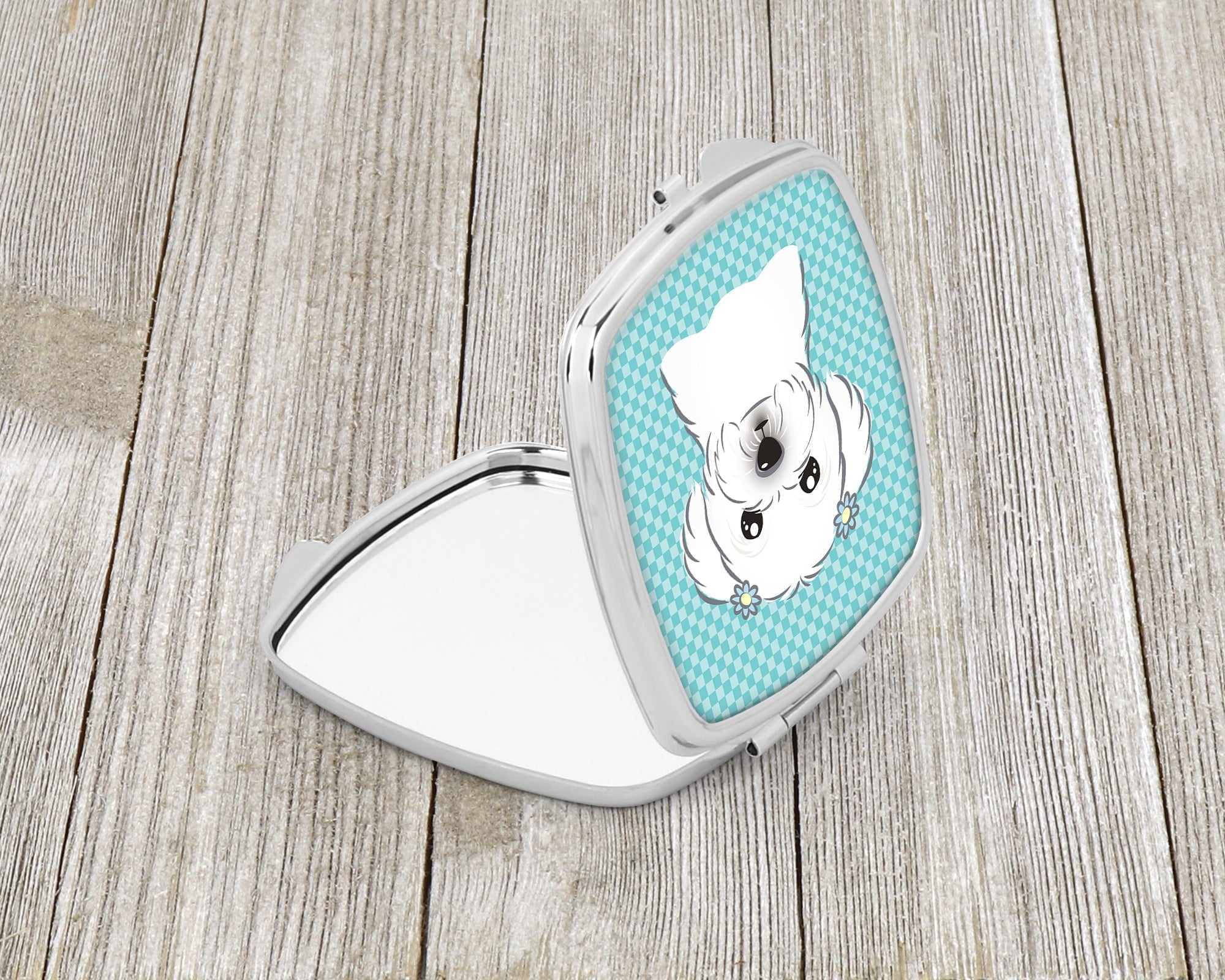 Checkerboard Blue Maltese Compact Mirror Decorative Travel Makeup Mirror for Women Girls Gifts Pocket Makeup Mirror Folding Handheld