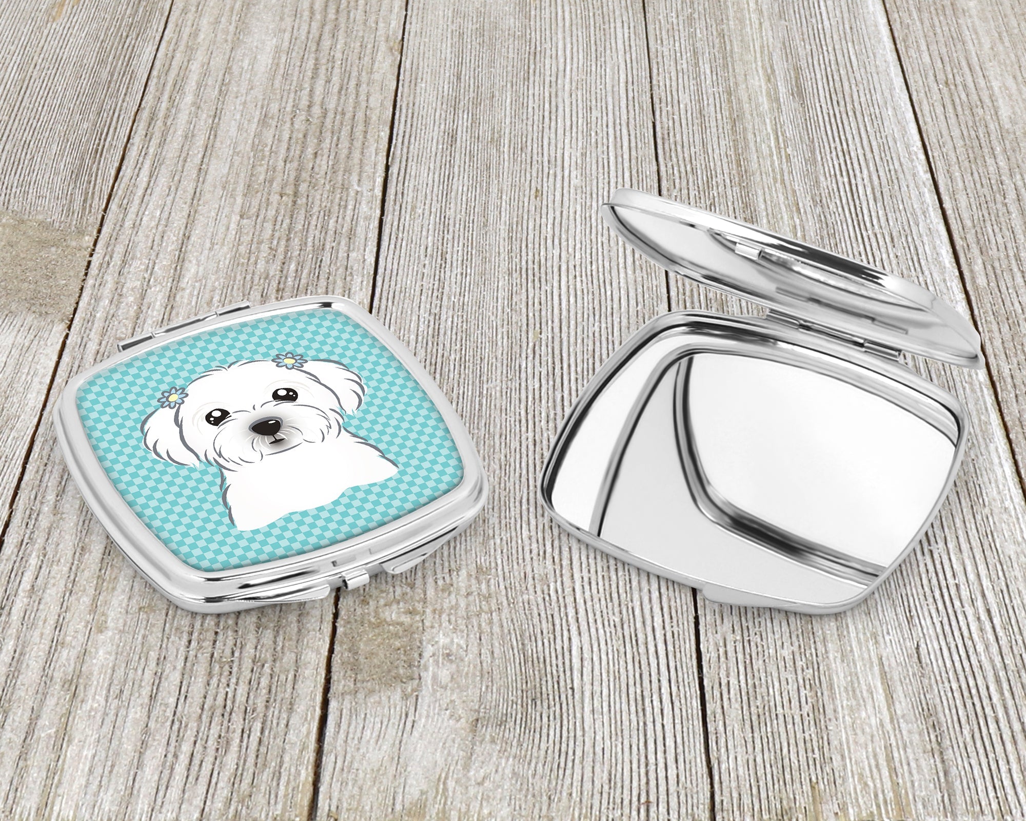 Checkerboard Blue Maltese Compact Mirror Decorative Travel Makeup Mirror for Women Girls Gifts Pocket Makeup Mirror Folding Handheld