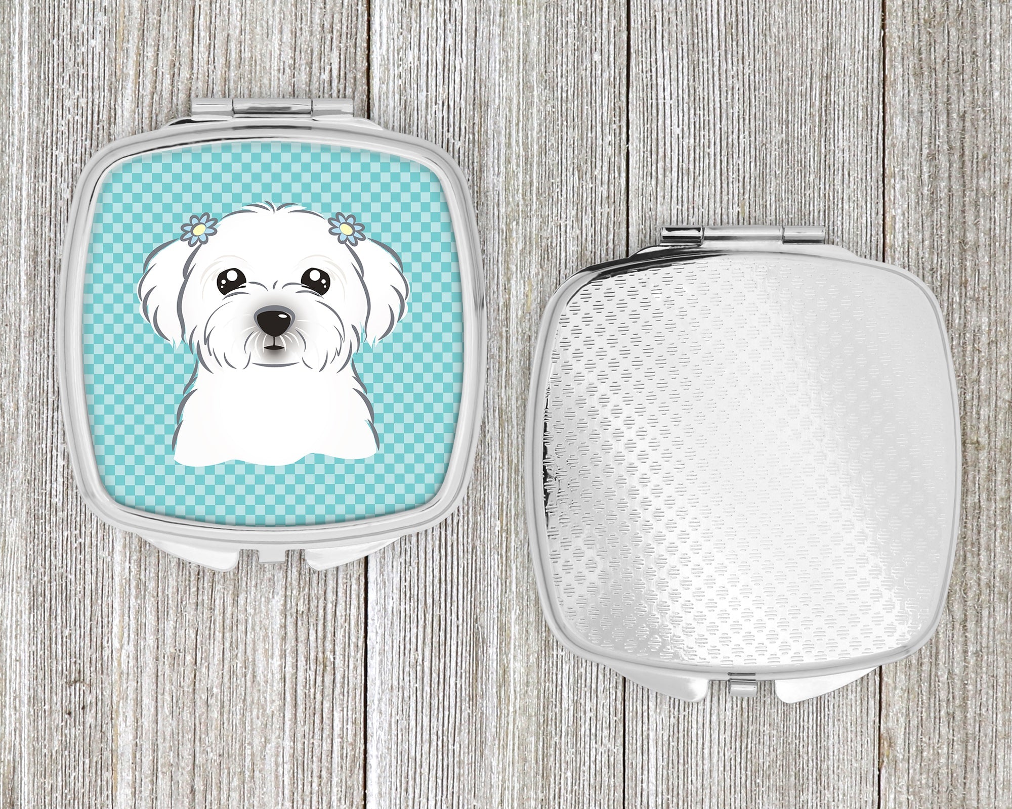 Checkerboard Blue Maltese Compact Mirror Decorative Travel Makeup Mirror for Women Girls Gifts Pocket Makeup Mirror Folding Handheld