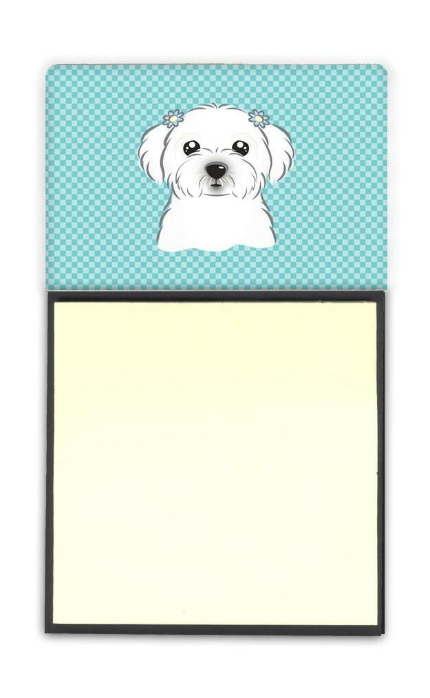 Checkerboard Blue Maltese Watercolor Sticky Note Holder Refillable Dispenser Desk Accessory 3x3 Pad Gift