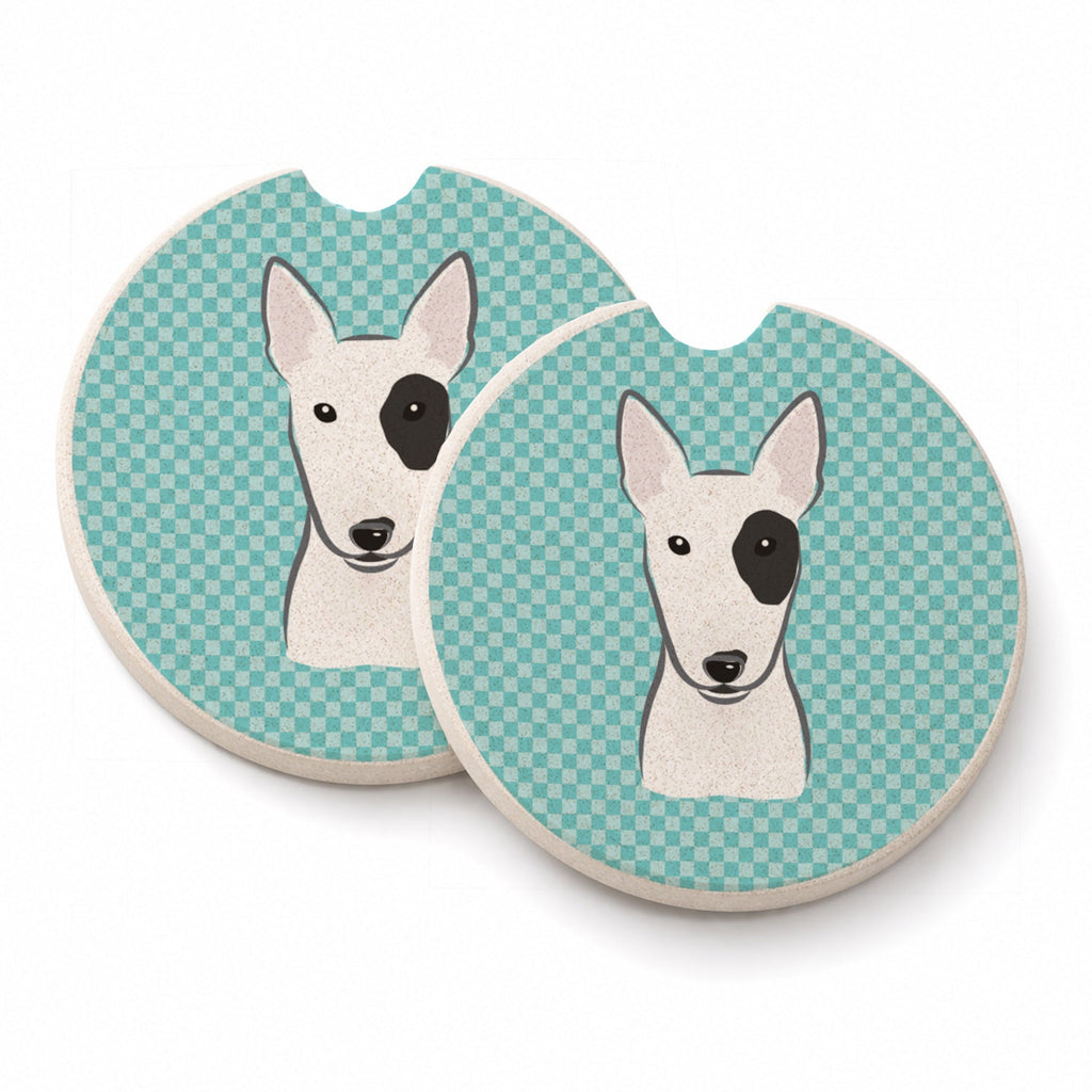 Checkerboard Blue Bull Terrier Set of 2 Cup Holder Car Coasters Absorbent Round Sandstone Coasters Gifts for Men or Women, 2.5, Multicolor
