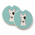 Checkerboard Blue Bull Terrier Set of 2 Cup Holder Car Coasters Absorbent Round Sandstone Coasters Gifts for Men or Women, 2.5, Multicolor