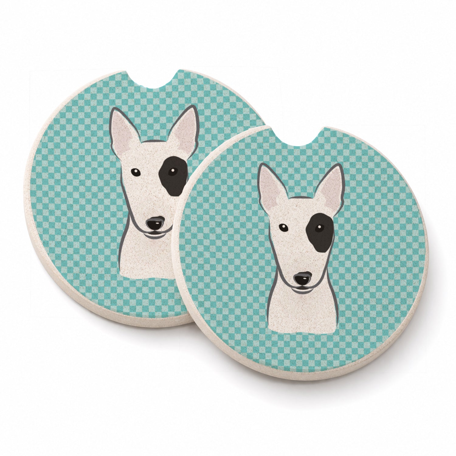 Checkerboard Blue Bull Terrier Set of 2 Cup Holder Car Coasters Absorbent Round Sandstone Coasters Gifts for Men or Women, 2.5, Multicolor