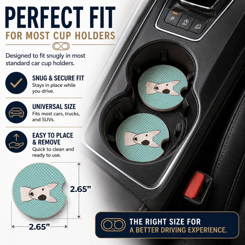 Checkerboard Blue Bull Terrier Set of 2 Cup Holder Car Coasters Absorbent Round Sandstone Coasters Gifts for Men or Women, 2.5, Multicolor