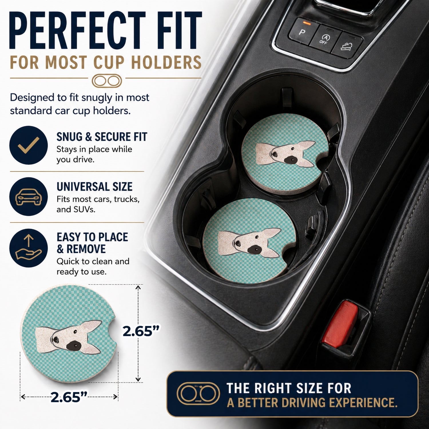 Checkerboard Blue Bull Terrier Set of 2 Cup Holder Car Coasters Absorbent Round Sandstone Coasters Gifts for Men or Women, 2.5, Multicolor
