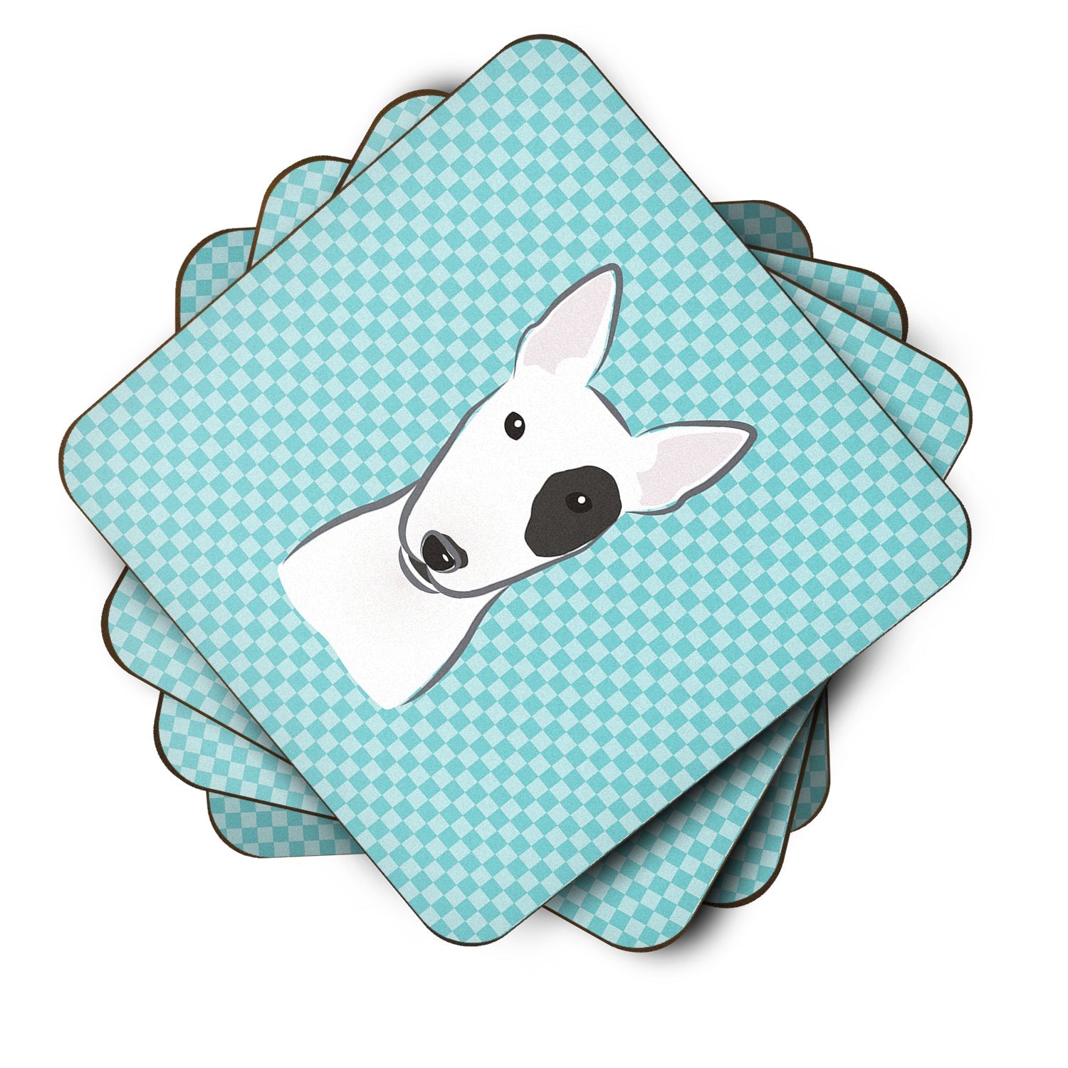 Checkerboard Blue Bull Terrier Foam Coasters Set of 4 Cup Coasters for Indoor Outdoor, Tabletop Protection, Anti Slip, Mouse pad Material