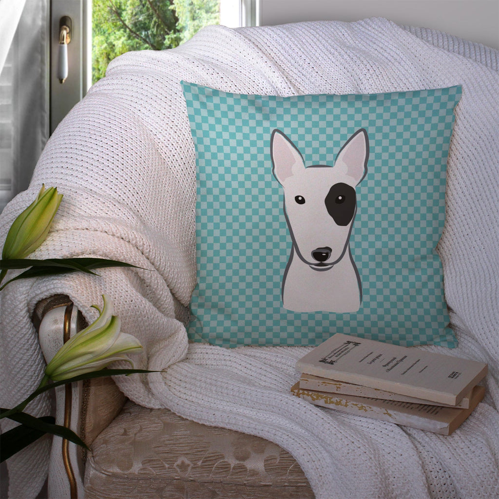 Checkerboard Blue Bull Terrier Decorative Throw Pillow 14x14 Indoor Outdoor Accent Cushion, Fabric Cover with Insert for Sofa, Bed, Porch & Living Room