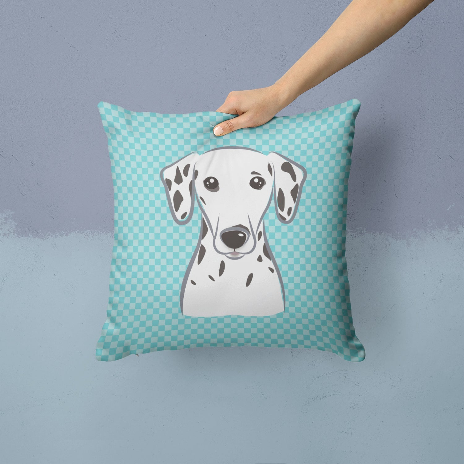 Checkerboard Blue Dalmatian Decorative Throw Pillow 14x14 Indoor Outdoor Accent Cushion, Fabric Cover with Insert for Sofa, Bed, Porch & Living Room
