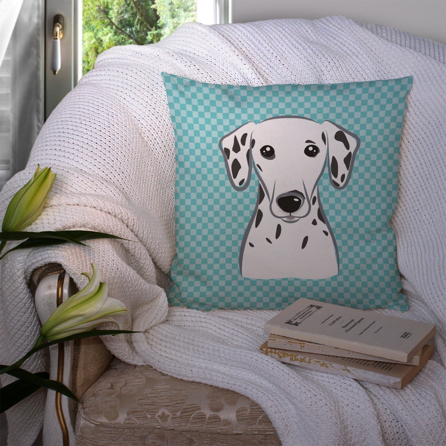 Checkerboard Blue Dalmatian Decorative Throw Pillow 14x14 Indoor Outdoor Accent Cushion, Fabric Cover with Insert for Sofa, Bed, Porch & Living Room
