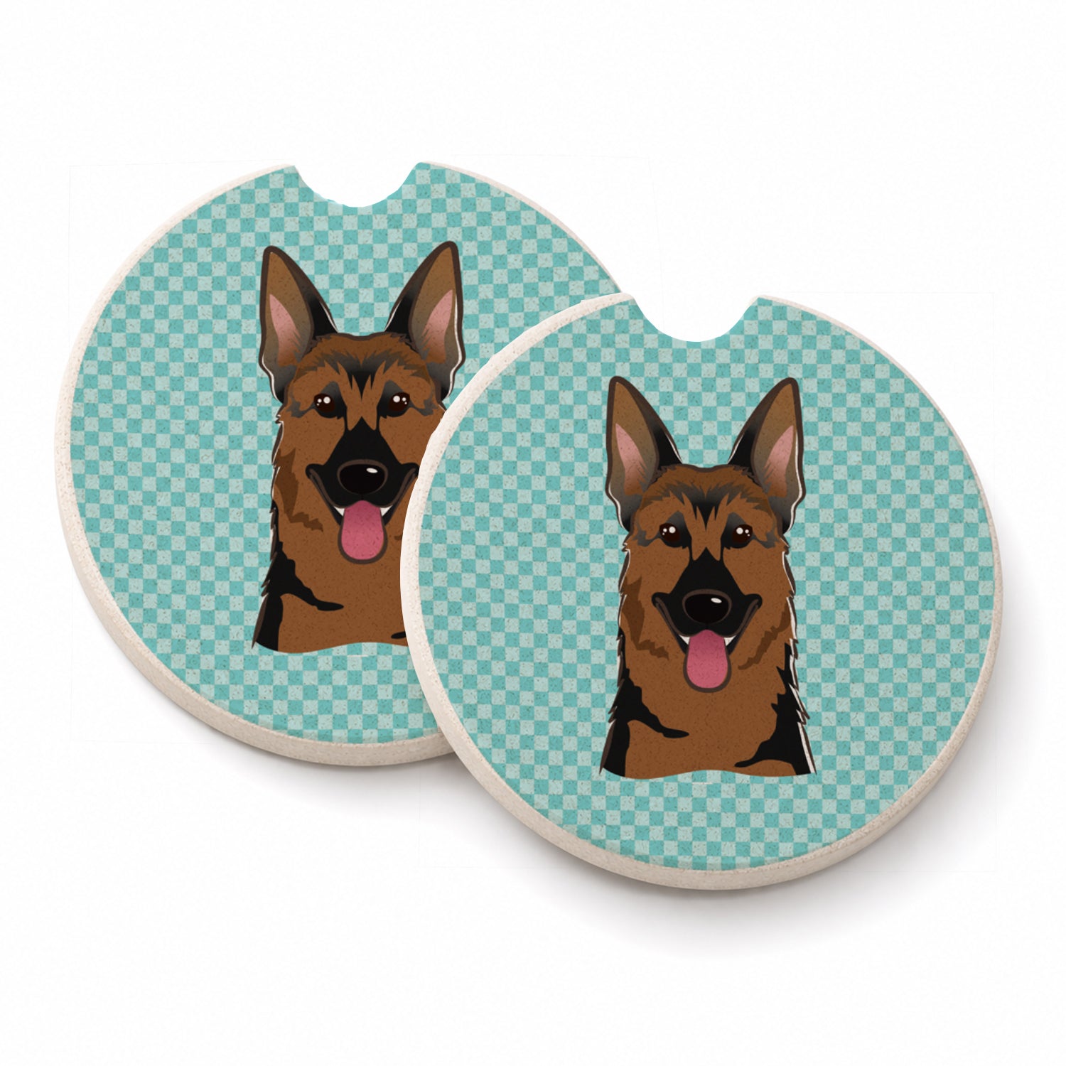 Checkerboard Blue German Shepherd Set of 2 Cup Holder Car Coasters Absorbent Round Sandstone Coasters Gifts for Men or Women, 2.5, Multicolor