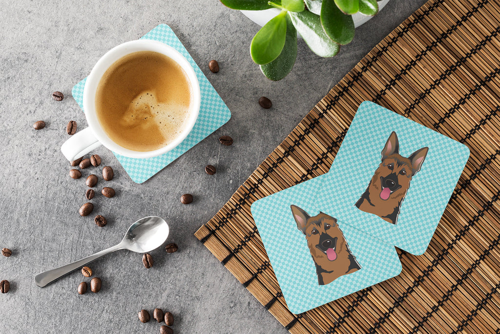 Checkerboard Blue German Shepherd Foam Coasters Set of 4 Cup Coasters for Indoor Outdoor, Tabletop Protection, Anti Slip, Mouse pad Material