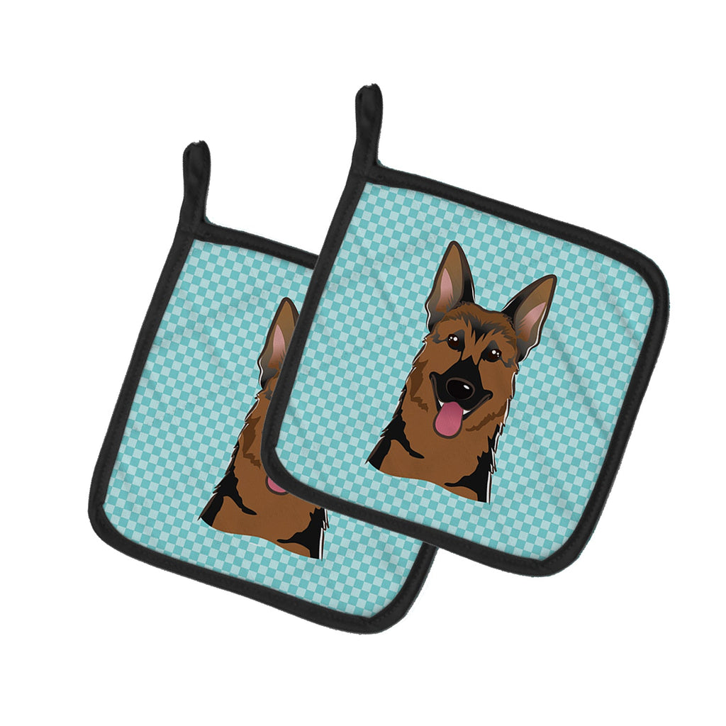 Checkerboard Blue German Shepherd Pot Holder Set of 2 Heat Resistant Quilted Hot Pads 7.5 x 7.5 Inch, Insulated Kitchen Trivets for Cooking & Baking