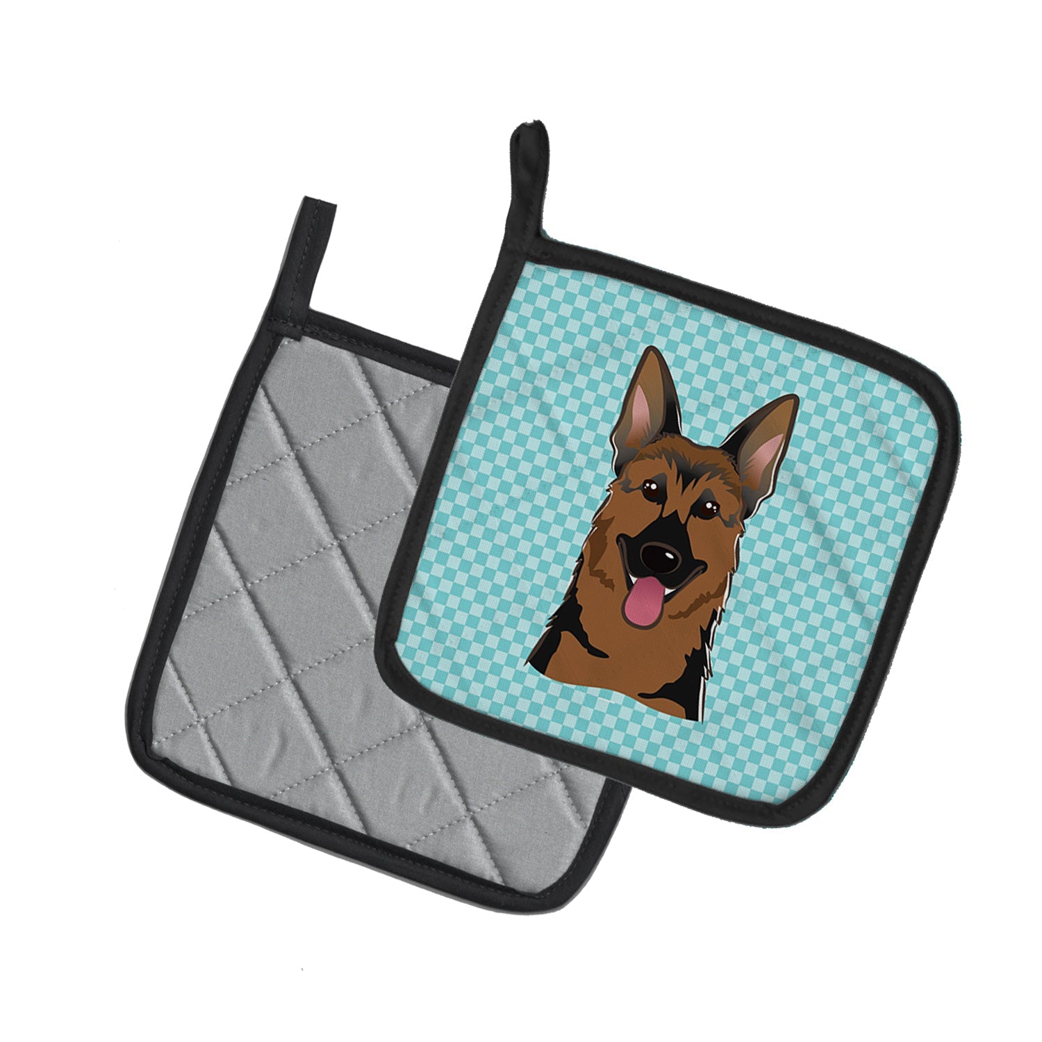 Checkerboard Blue German Shepherd Pot Holder Set of 2 Heat Resistant Quilted Hot Pads 7.5 x 7.5 Inch, Insulated Kitchen Trivets for Cooking & Baking