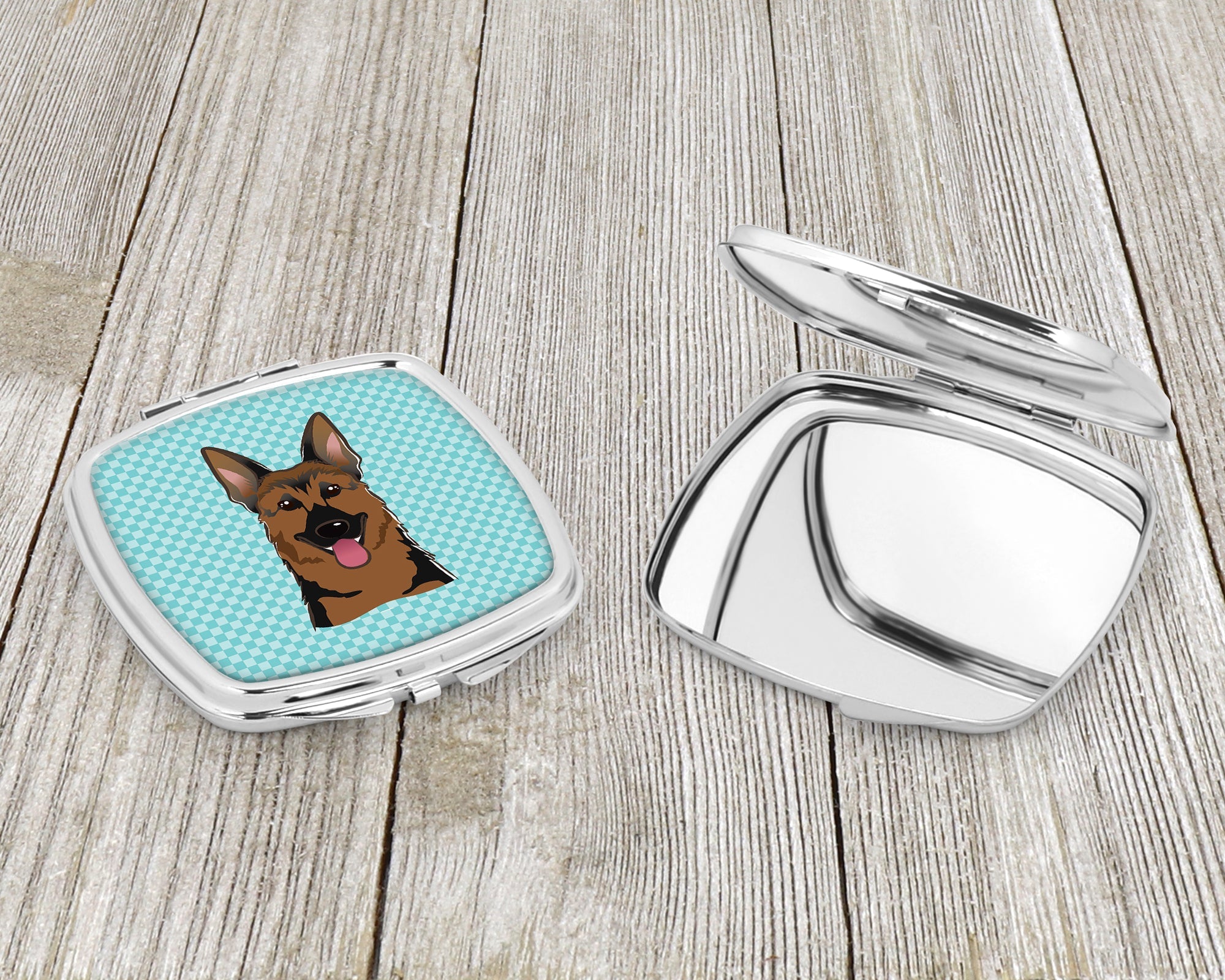 Checkerboard Blue German Shepherd Compact Mirror Decorative Travel Makeup Mirror for Women Girls Gifts Pocket Makeup Mirror Folding Handheld