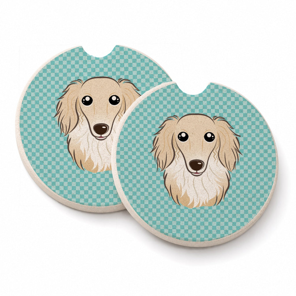 Checkerboard Blue Longhair Creme Dachshund Set of 2 Cup Holder Car Coasters Absorbent Round Sandstone Coasters Gifts for Men or Women, 2.5, Multicolor