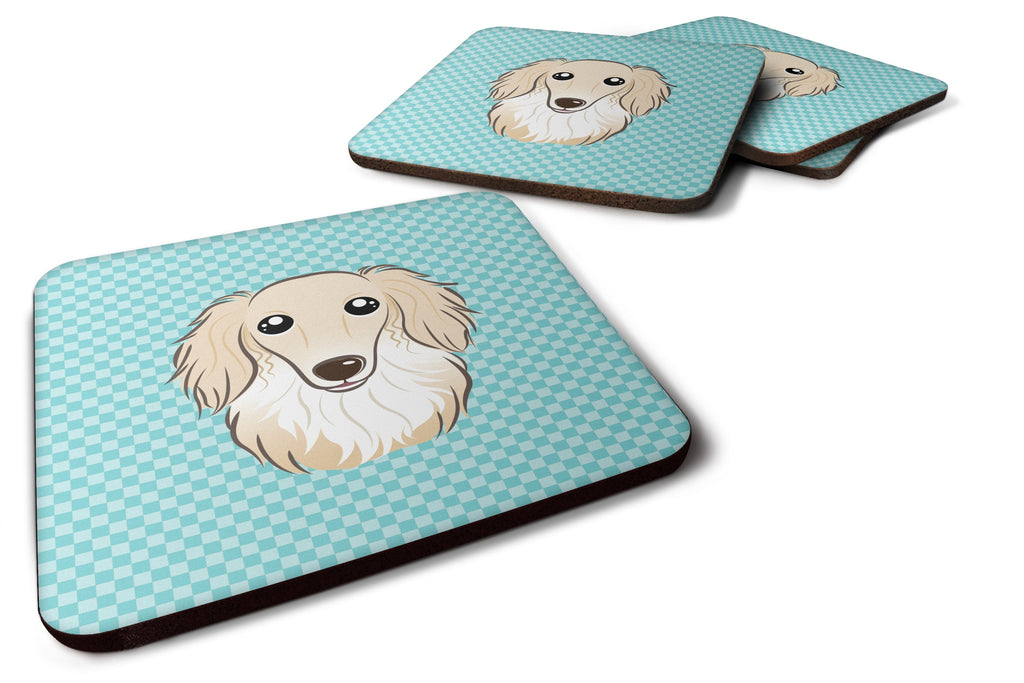 Checkerboard Blue Longhair Creme Dachshund Foam Coasters Set of 4 Cup Coasters for Indoor Outdoor, Tabletop Protection, Anti Slip, Mouse pad Material