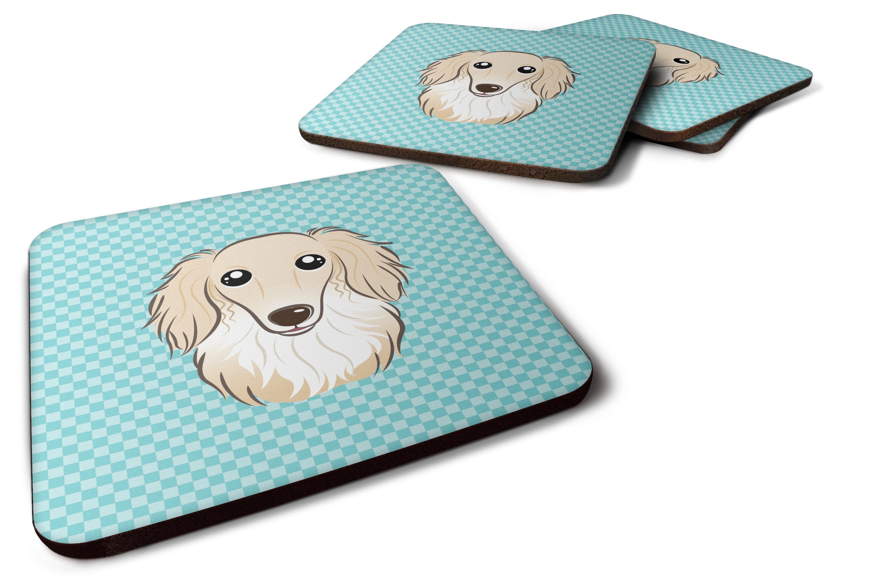 Checkerboard Blue Longhair Creme Dachshund Foam Coasters Set of 4 Cup Coasters for Indoor Outdoor, Tabletop Protection, Anti Slip, Mouse pad Material
