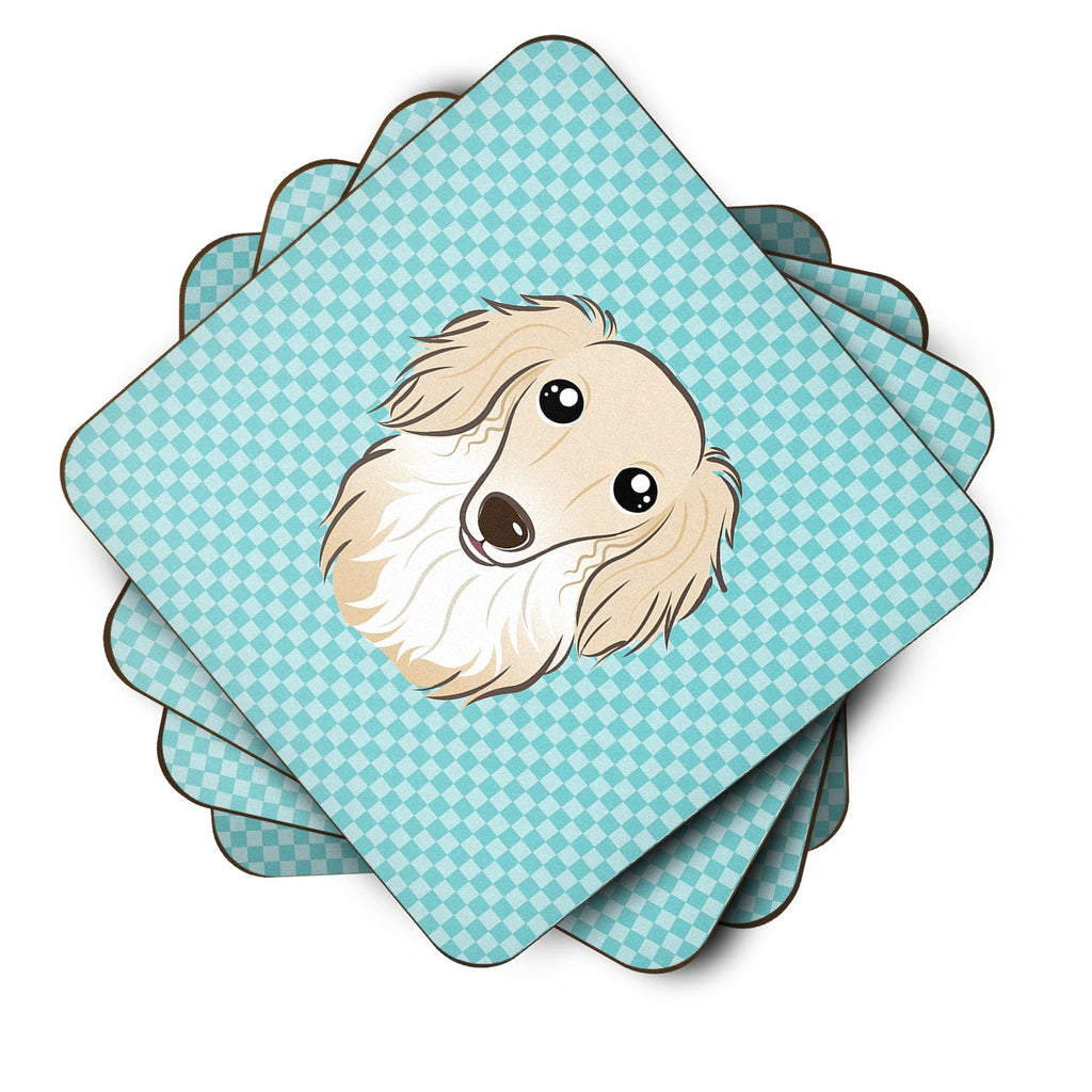 Checkerboard Blue Longhair Creme Dachshund Foam Coasters Set of 4 Cup Coasters for Indoor Outdoor, Tabletop Protection, Anti Slip, Mouse pad Material