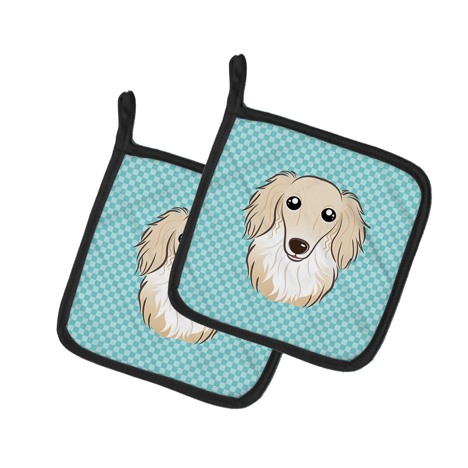 Checkerboard Blue Longhair Creme Dachshund Pot Holder Set of 2 Heat Resistant Quilted Hot Pads 7.5 x 7.5 Inch, Insulated Kitchen Trivets for Cooking & Baking