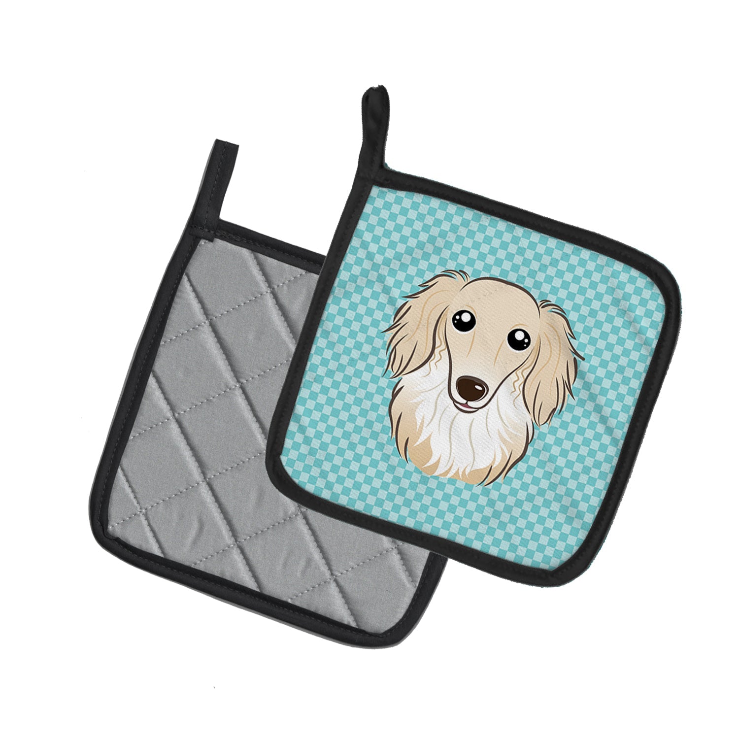 Checkerboard Blue Longhair Creme Dachshund Pot Holder Set of 2 Heat Resistant Quilted Hot Pads 7.5 x 7.5 Inch, Insulated Kitchen Trivets for Cooking & Baking