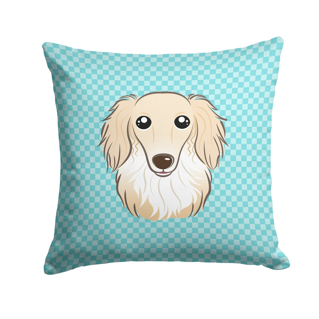 Checkerboard Blue Longhair Creme Dachshund Decorative Throw Pillow 14x14 Indoor Outdoor Accent Cushion, Fabric Cover with Insert for Sofa, Bed, Porch & Living Room