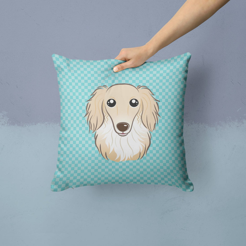 Checkerboard Blue Longhair Creme Dachshund Decorative Throw Pillow 14x14 Indoor Outdoor Accent Cushion, Fabric Cover with Insert for Sofa, Bed, Porch & Living Room