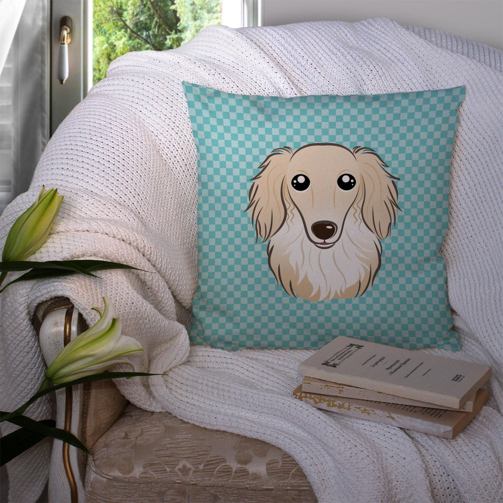 Checkerboard Blue Longhair Creme Dachshund Decorative Throw Pillow 14x14 Indoor Outdoor Accent Cushion, Fabric Cover with Insert for Sofa, Bed, Porch & Living Room