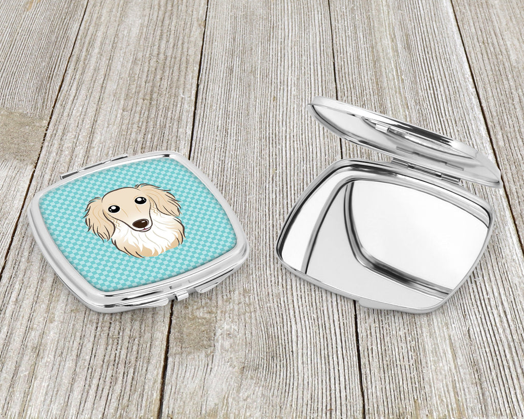 Checkerboard Blue Longhair Creme Dachshund Compact Mirror Decorative Travel Makeup Mirror for Women Girls Gifts Pocket Makeup Mirror Folding Handheld