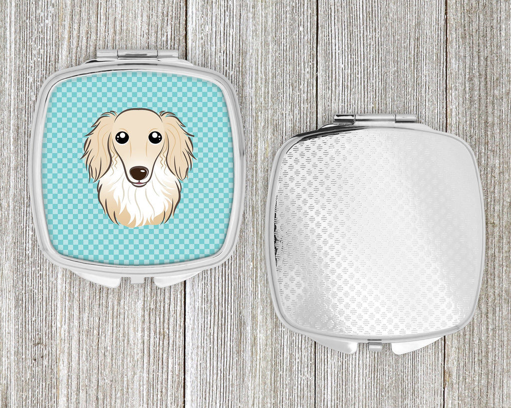 Checkerboard Blue Longhair Creme Dachshund Compact Mirror Decorative Travel Makeup Mirror for Women Girls Gifts Pocket Makeup Mirror Folding Handheld