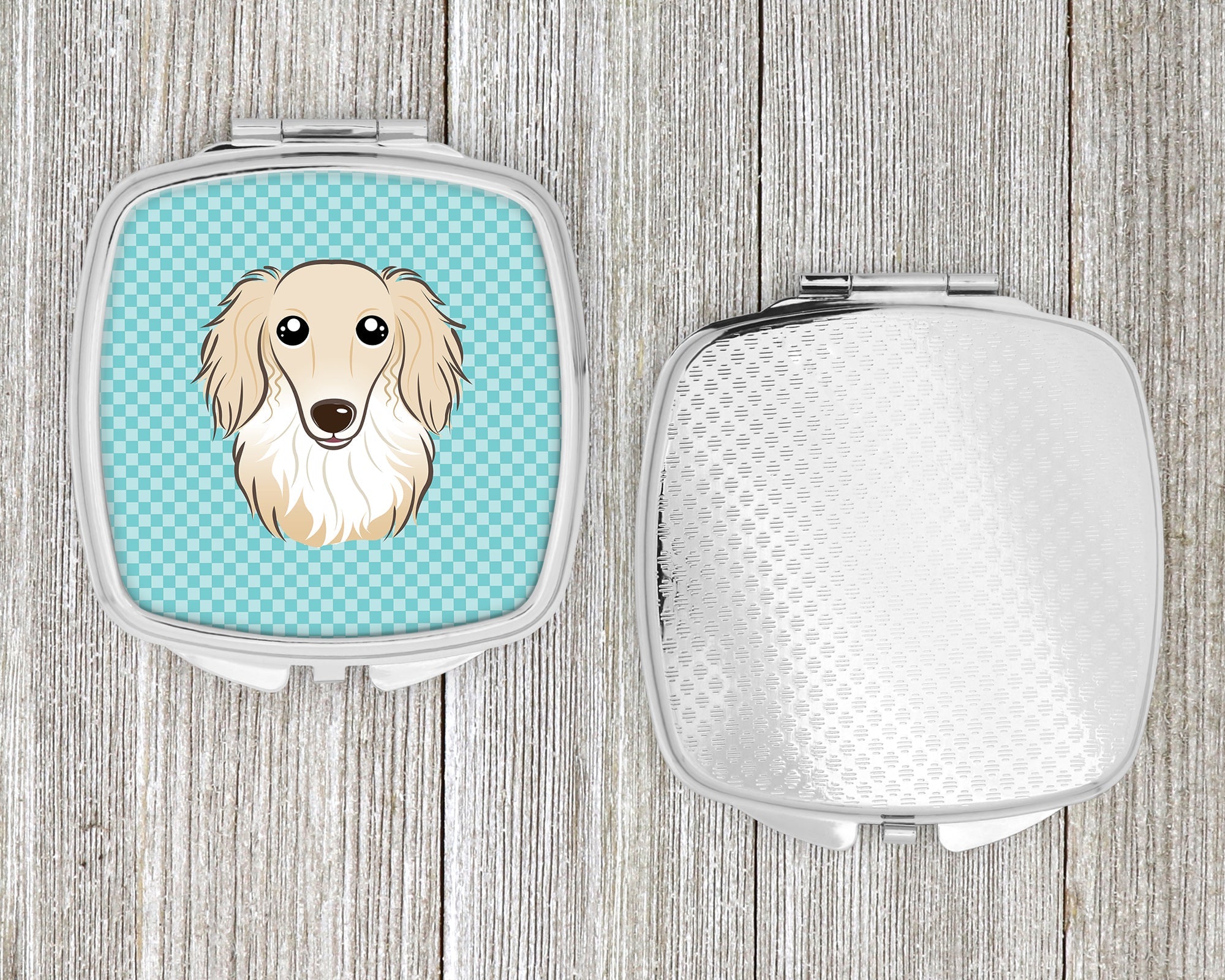 Checkerboard Blue Longhair Creme Dachshund Compact Mirror Decorative Travel Makeup Mirror for Women Girls Gifts Pocket Makeup Mirror Folding Handheld