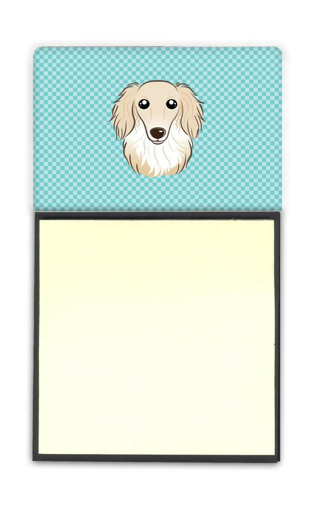Checkerboard Blue Longhair Creme Dachshund Watercolor Sticky Note Holder Refillable Dispenser Desk Accessory 3x3 Pad Gift