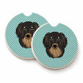 Checkerboard Blue Longhair Black and Tan Dachshund Set of 2 Cup Holder Car Coasters Absorbent Round Sandstone Coasters Gifts for Men or Women, 2.5, Multicolor