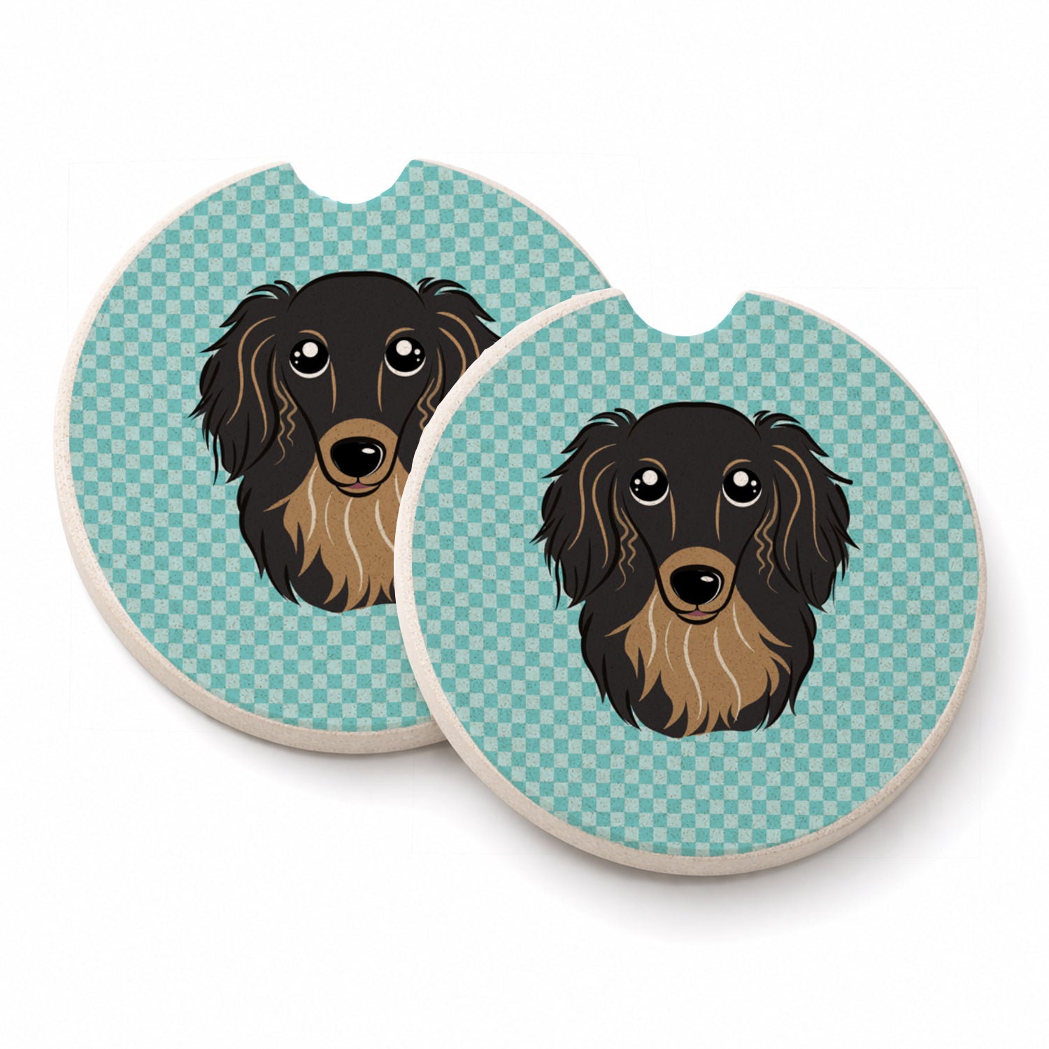 Checkerboard Blue Longhair Black and Tan Dachshund Set of 2 Cup Holder Car Coasters Absorbent Round Sandstone Coasters Gifts for Men or Women, 2.5, Multicolor