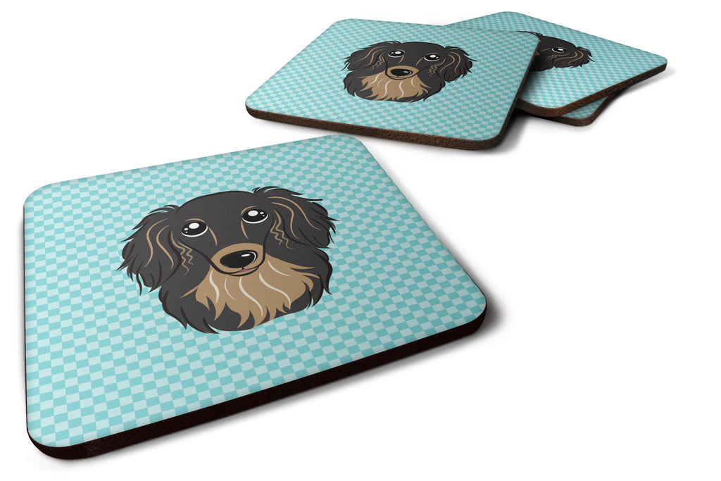 Checkerboard Blue Longhair Black and Tan Dachshund Foam Coasters Set of 4 Cup Coasters for Indoor Outdoor, Tabletop Protection, Anti Slip, Mouse pad Material