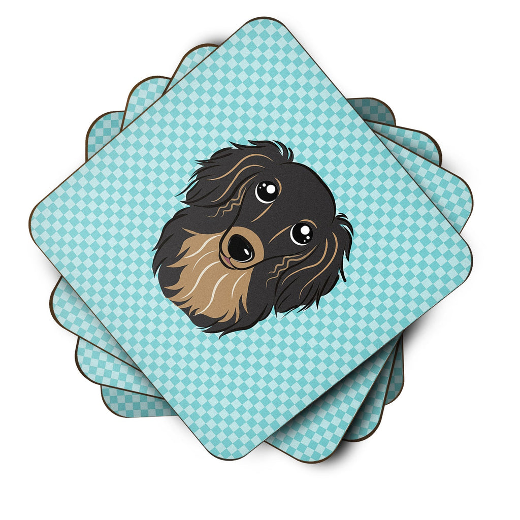 Checkerboard Blue Longhair Black and Tan Dachshund Foam Coasters Set of 4 Cup Coasters for Indoor Outdoor, Tabletop Protection, Anti Slip, Mouse pad Material