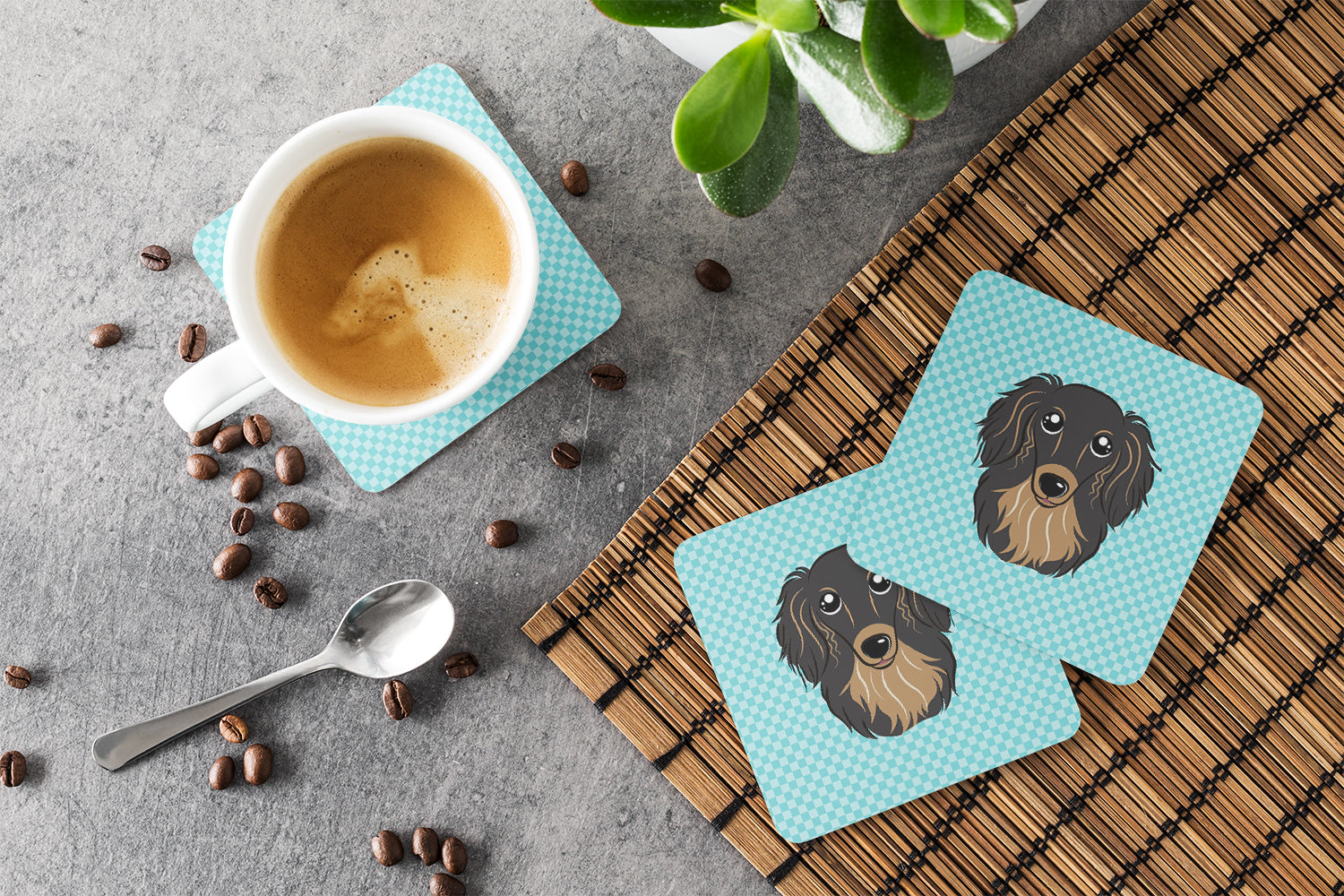 Checkerboard Blue Longhair Black and Tan Dachshund Foam Coasters Set of 4 Cup Coasters for Indoor Outdoor, Tabletop Protection, Anti Slip, Mouse pad Material