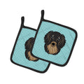 Checkerboard Blue Longhair Black and Tan Dachshund Pot Holder Set of 2 Heat Resistant Quilted Hot Pads 7.5 x 7.5 Inch, Insulated Kitchen Trivets for Cooking & Baking