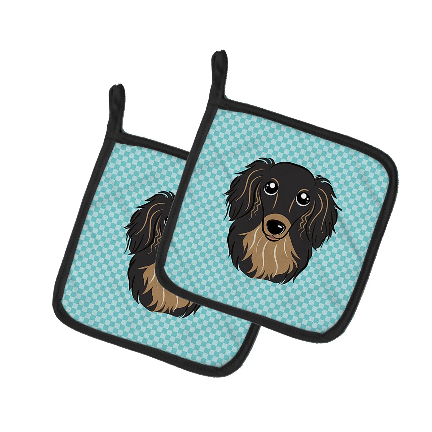 Checkerboard Blue Longhair Black and Tan Dachshund Pot Holder Set of 2 Heat Resistant Quilted Hot Pads 7.5 x 7.5 Inch, Insulated Kitchen Trivets for Cooking & Baking