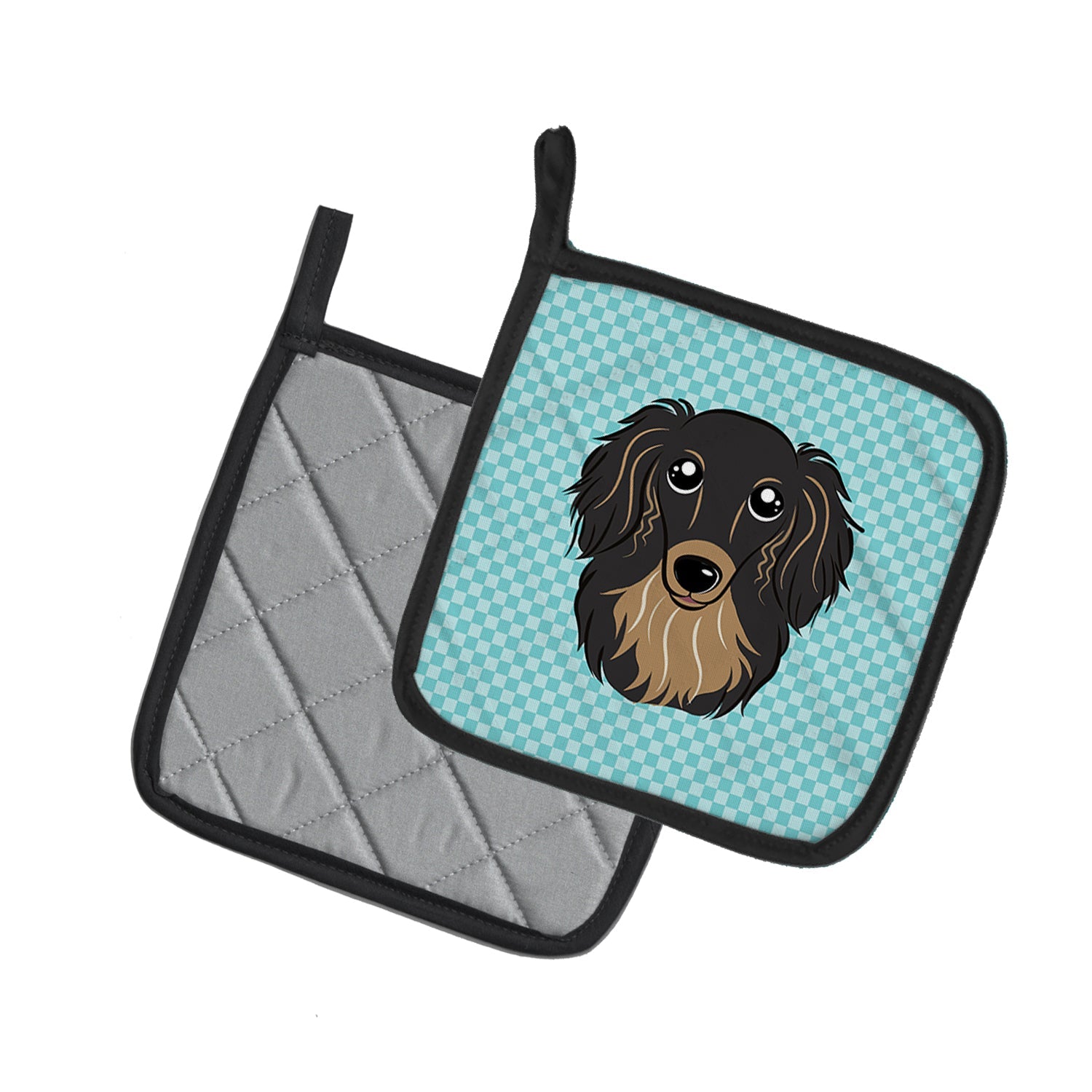 Checkerboard Blue Longhair Black and Tan Dachshund Pot Holder Set of 2 Heat Resistant Quilted Hot Pads 7.5 x 7.5 Inch, Insulated Kitchen Trivets for Cooking & Baking
