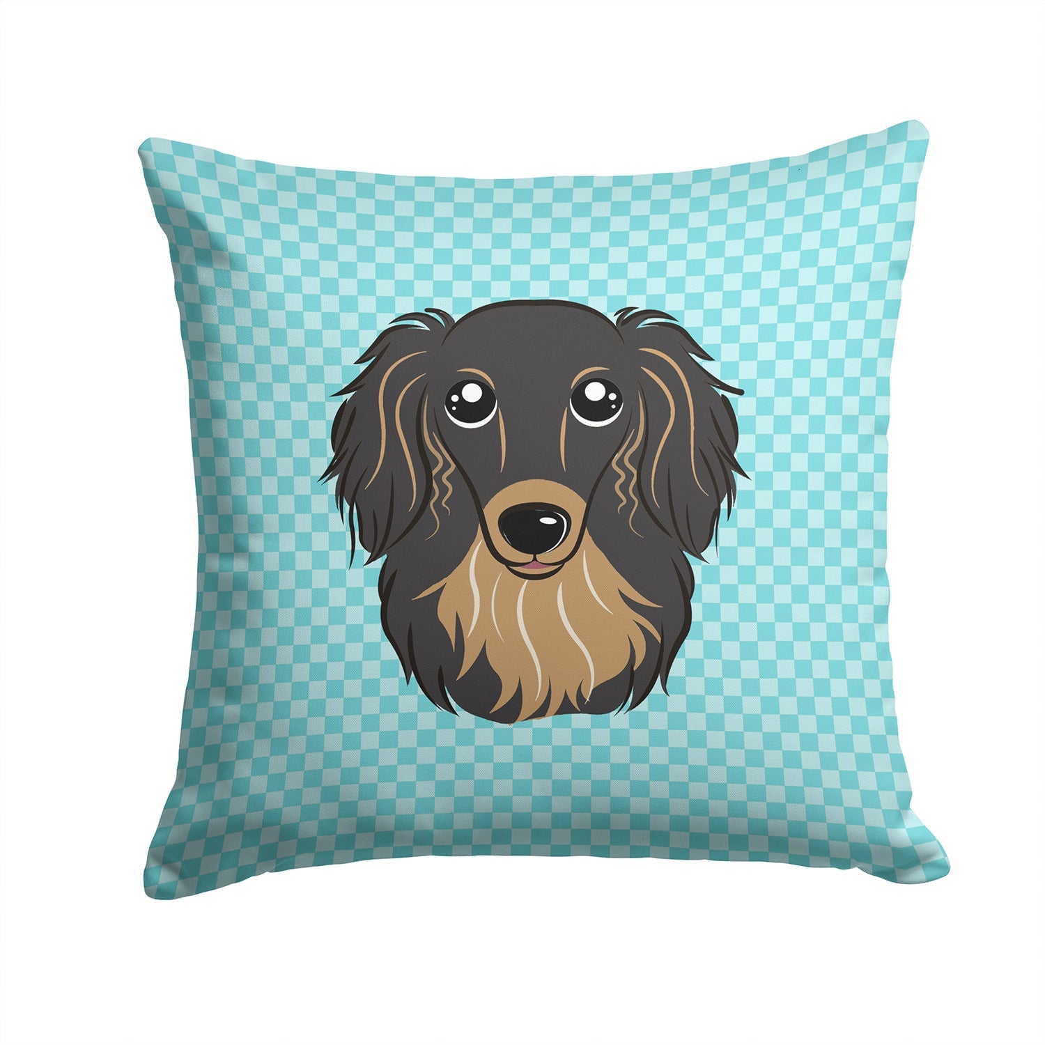 Checkerboard Blue Longhair Black and Tan Dachshund Decorative Throw Pillow 14x14 Indoor Outdoor Accent Cushion, Fabric Cover with Insert for Sofa, Bed, Porch & Living Room