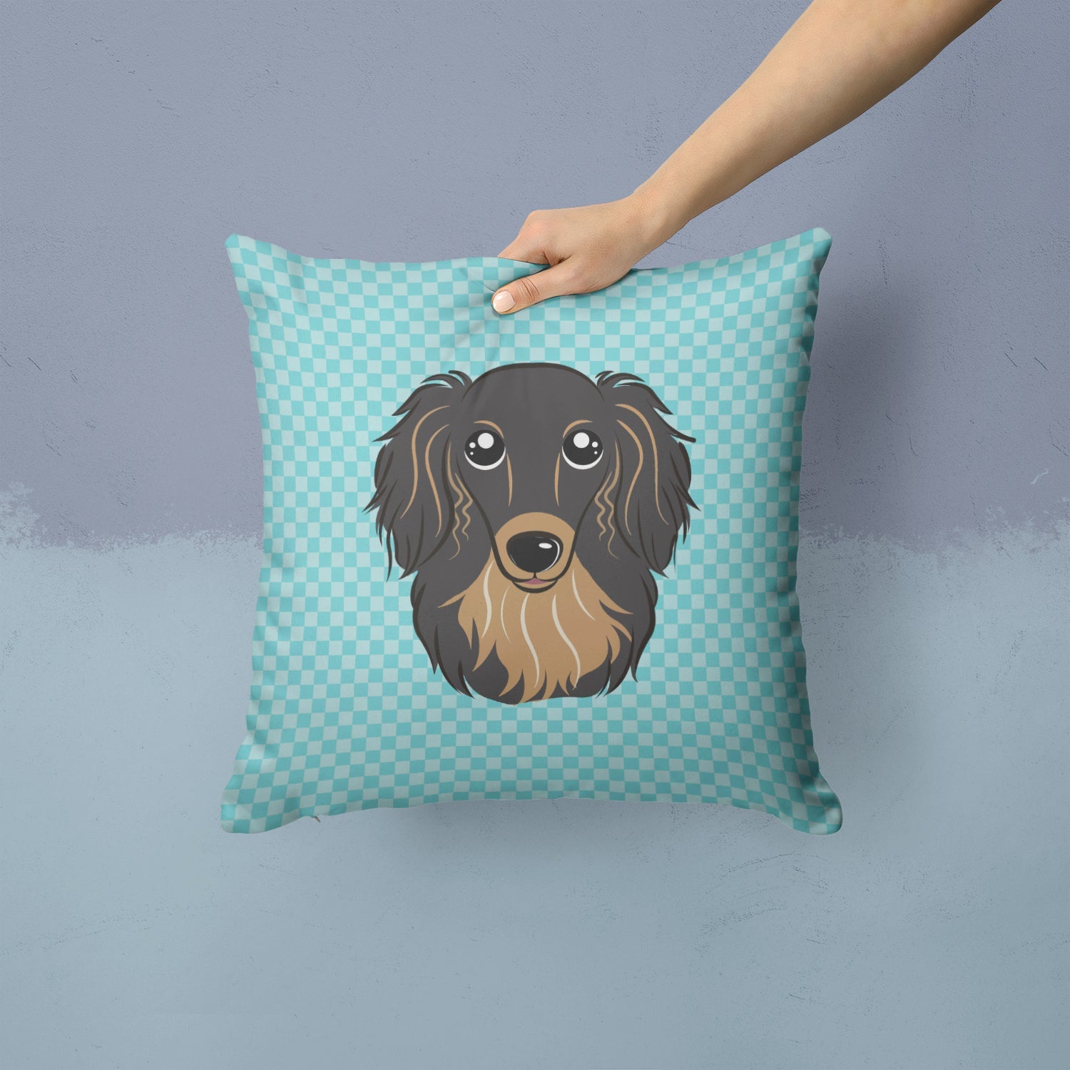 Checkerboard Blue Longhair Black and Tan Dachshund Decorative Throw Pillow 14x14 Indoor Outdoor Accent Cushion, Fabric Cover with Insert for Sofa, Bed, Porch & Living Room