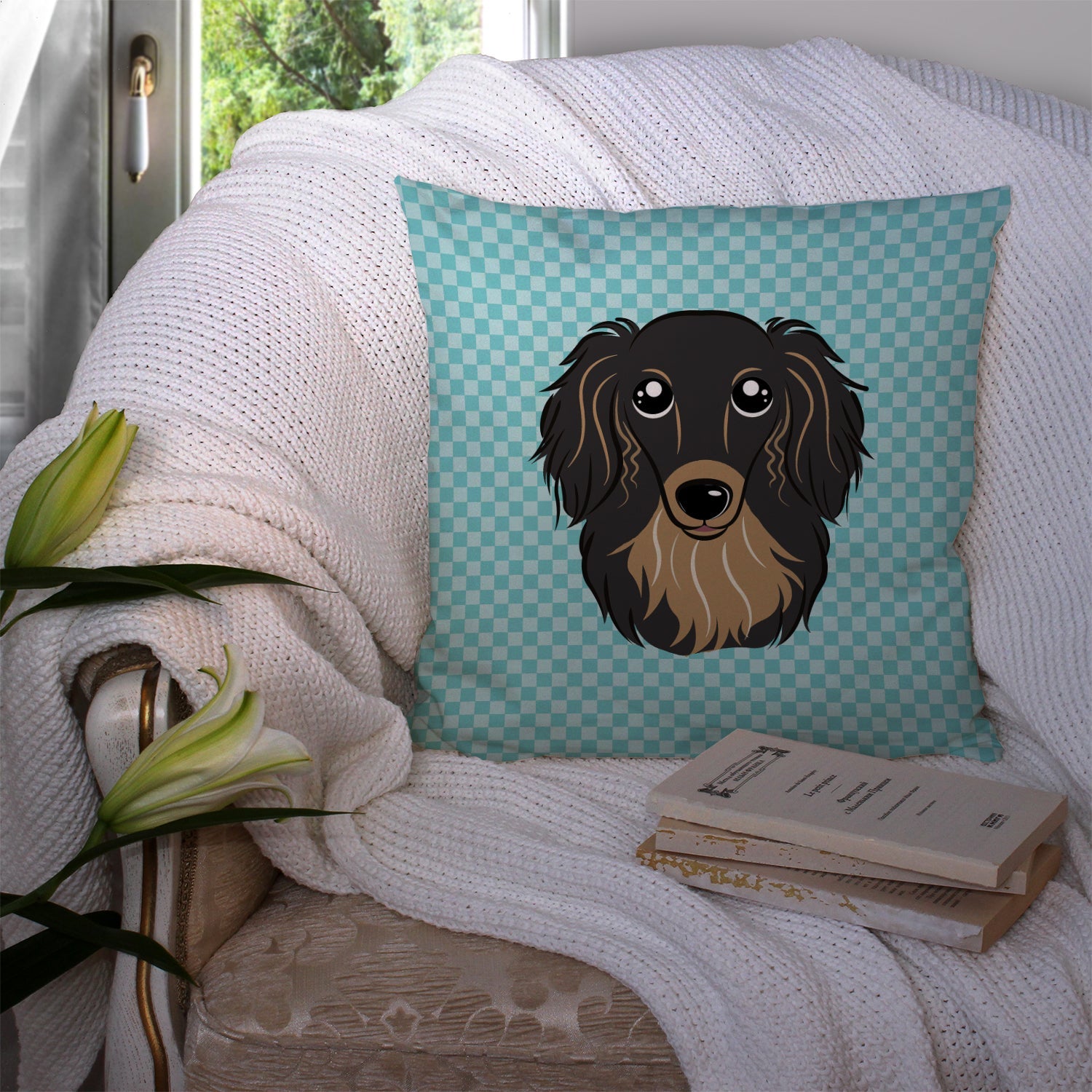 Checkerboard Blue Longhair Black and Tan Dachshund Decorative Throw Pillow 14x14 Indoor Outdoor Accent Cushion, Fabric Cover with Insert for Sofa, Bed, Porch & Living Room