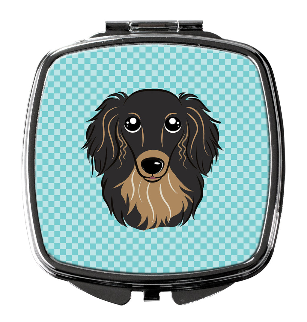 Checkerboard Blue Longhair Black and Tan Dachshund Compact Mirror Decorative Travel Makeup Mirror for Women Girls Gifts Pocket Makeup Mirror Folding Handheld