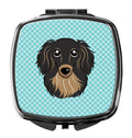 Checkerboard Blue Longhair Black and Tan Dachshund Compact Mirror Decorative Travel Makeup Mirror for Women Girls Gifts Pocket Makeup Mirror Folding Handheld