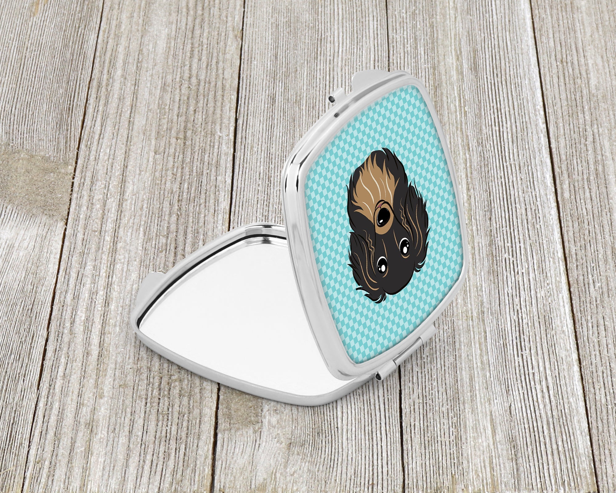 Checkerboard Blue Longhair Black and Tan Dachshund Compact Mirror Decorative Travel Makeup Mirror for Women Girls Gifts Pocket Makeup Mirror Folding Handheld